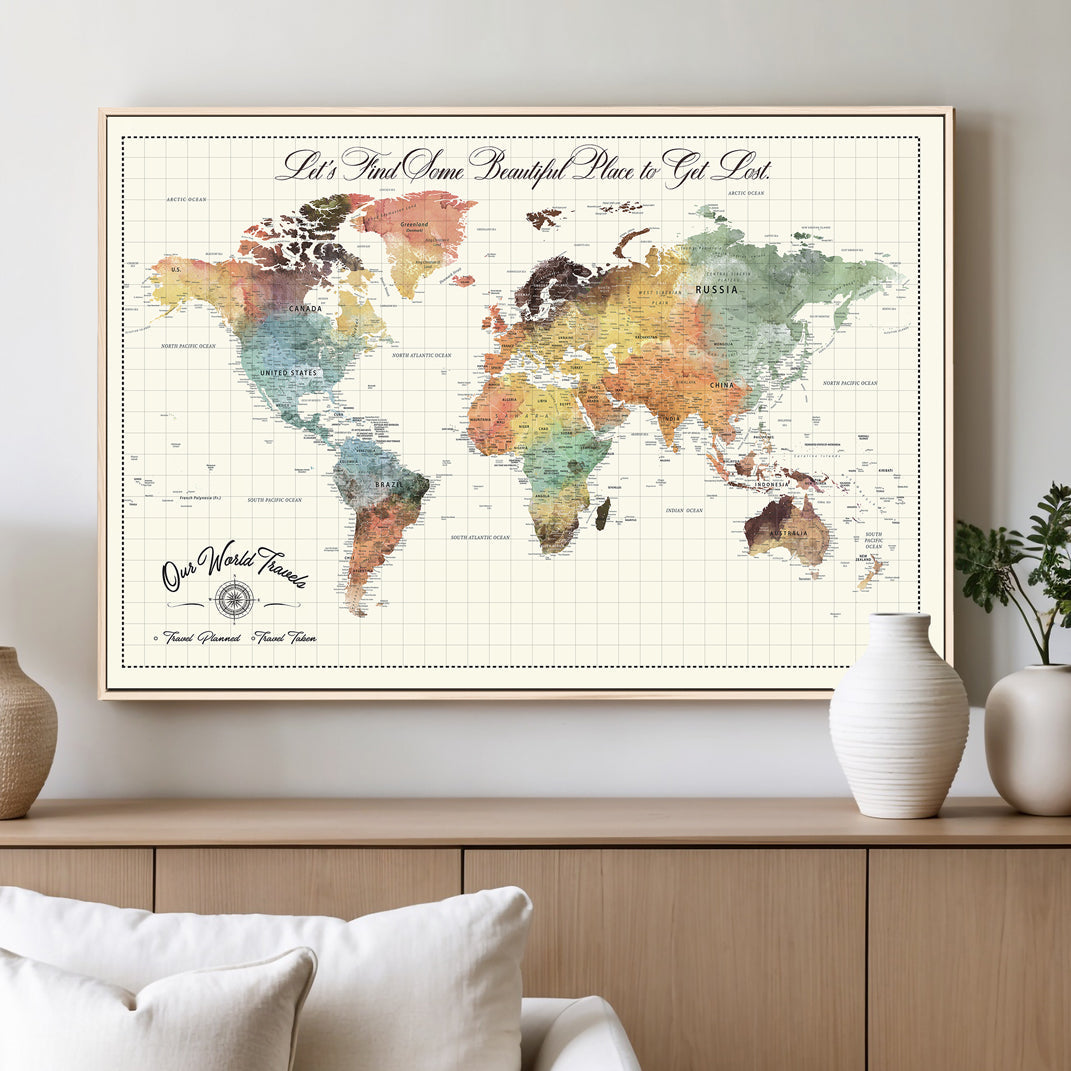 '-Custom Framed World Map Canvas Print – Personalized Push Pin Travel Tracker Gift for Couples, Weddings, or Anniversary Celebrations - H76
