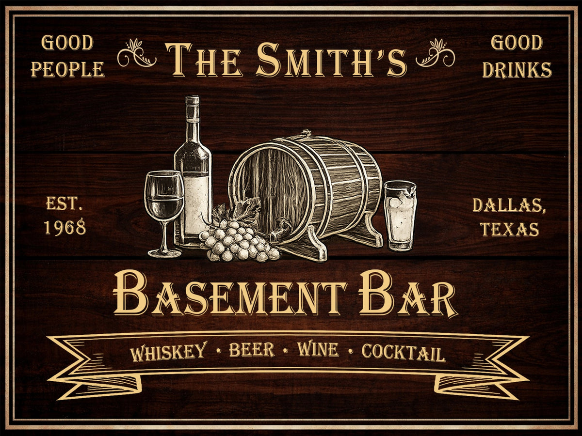 Custom Basement Bar Sign Canvas hanging on a home bar wall