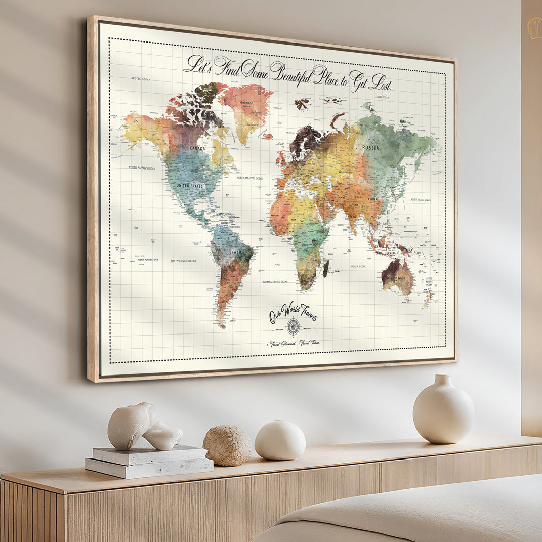 29289638-MGV-CV-36X24-Personalized World Map Print - Customizable Push Pin Framed World Map Print on Canvas - Custom Quote on Map Print