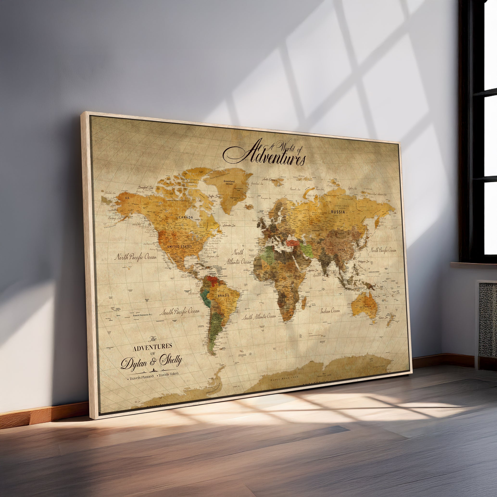 50298017-MGV-CV-36X24-Personalized World Map Print, Customizable Push Pin Framed World Map Print on Canvas - Custom Quote on Map Print