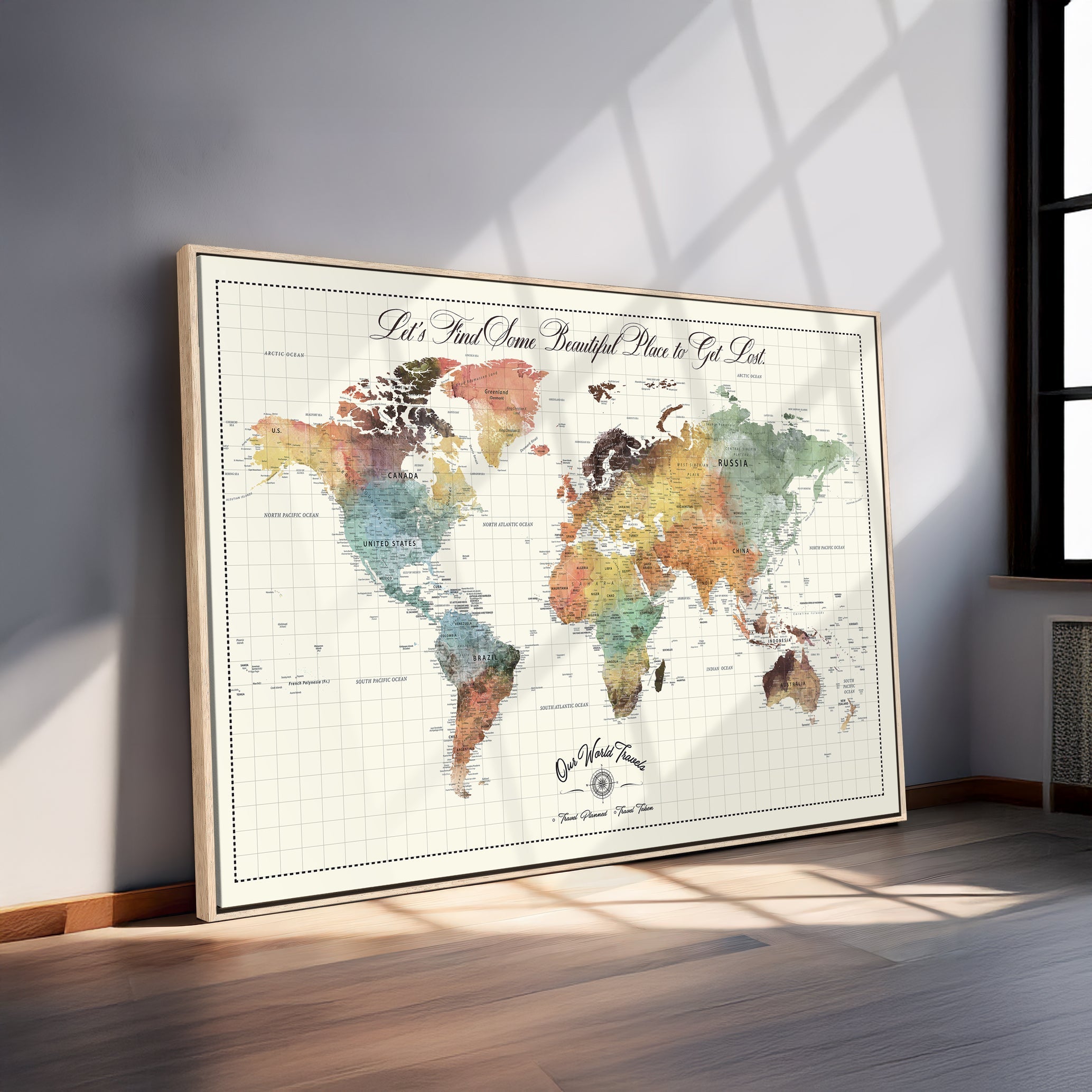 29289638-MGV-CV-36X24-Personalized World Map Print - Customizable Push Pin Framed World Map Print on Canvas - Custom Quote on Map Print