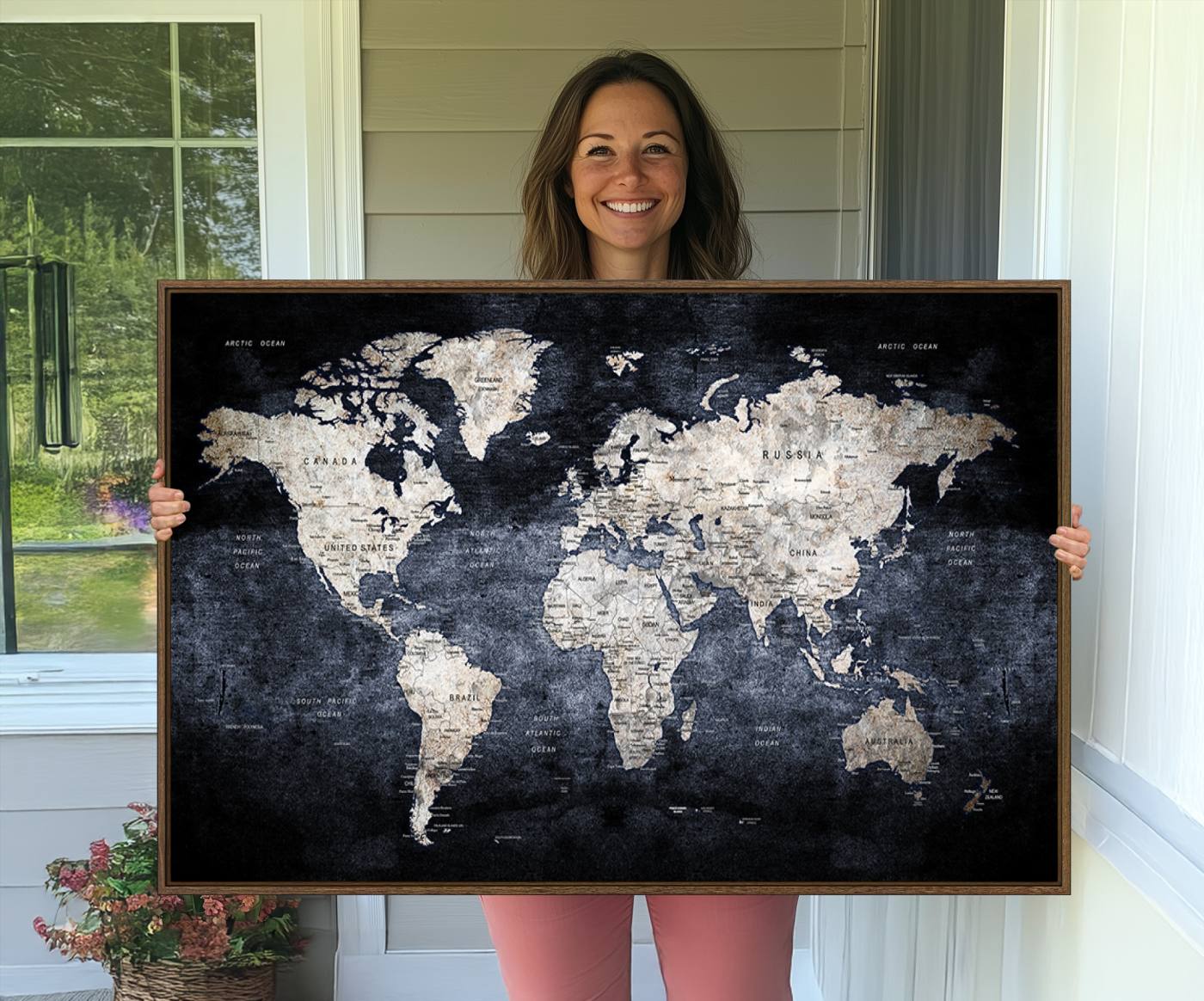 82598-MGV-CV-36X24-Rustic Black and Bronz World Map Canvas – Vintage-Inspired Triptych – Large Wall Art for Living Room