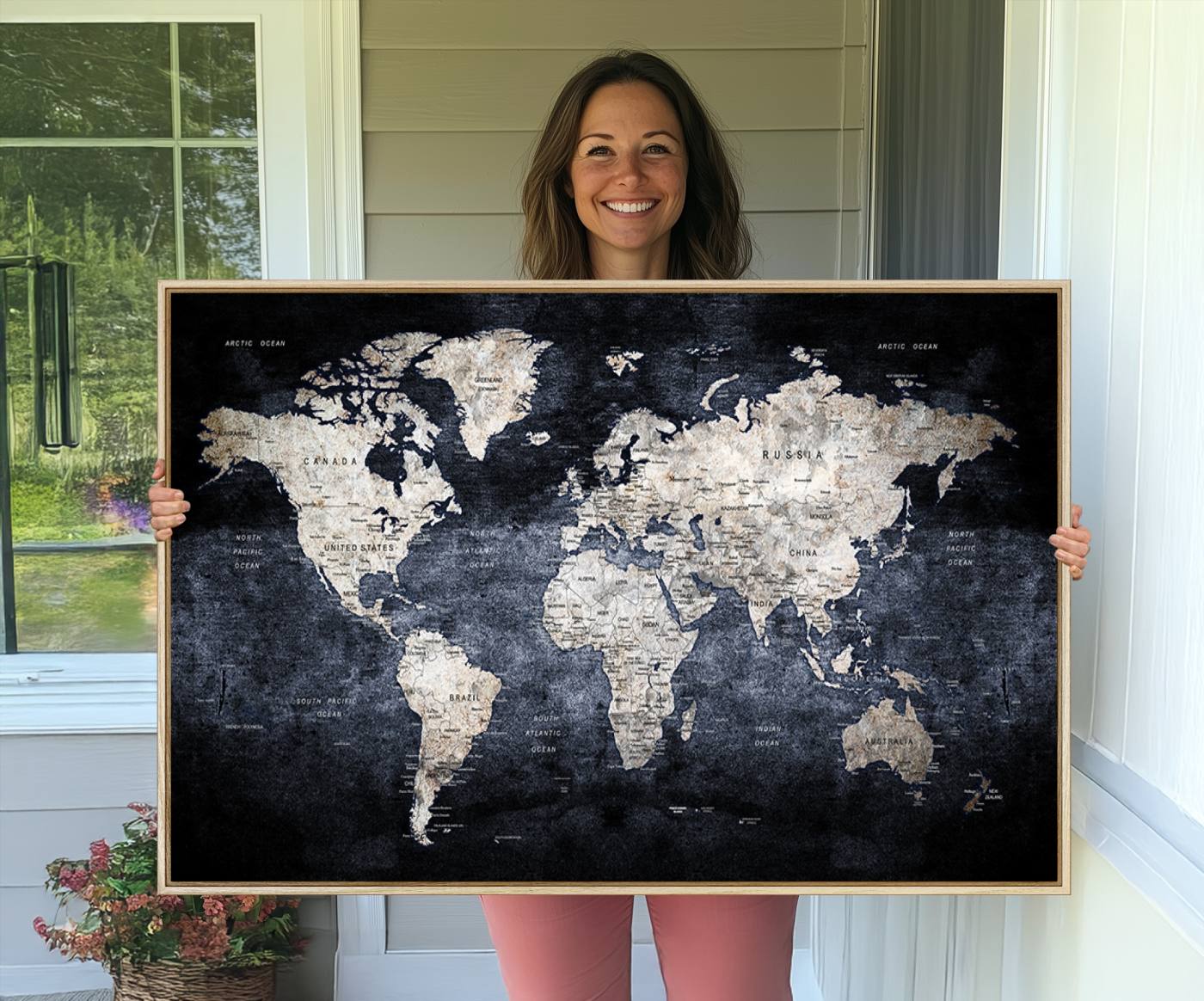 82598-MGV-CV-36X24-Rustic Black and Bronz World Map Canvas – Vintage-Inspired Triptych – Large Wall Art for Living Room