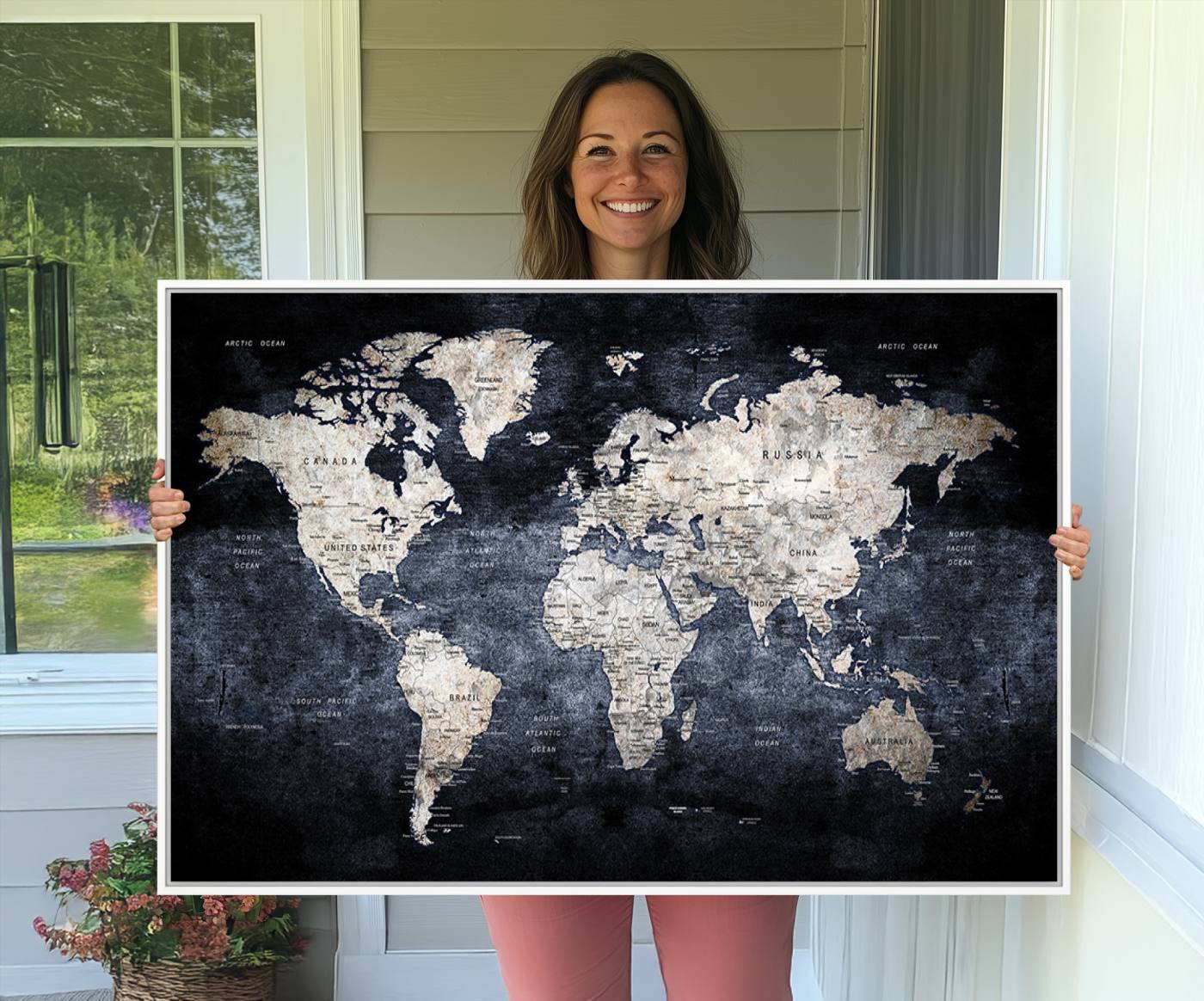 82598-MGV-CV-36X24-Rustic Black and Bronz World Map Canvas – Vintage-Inspired Triptych – Large Wall Art for Living Room