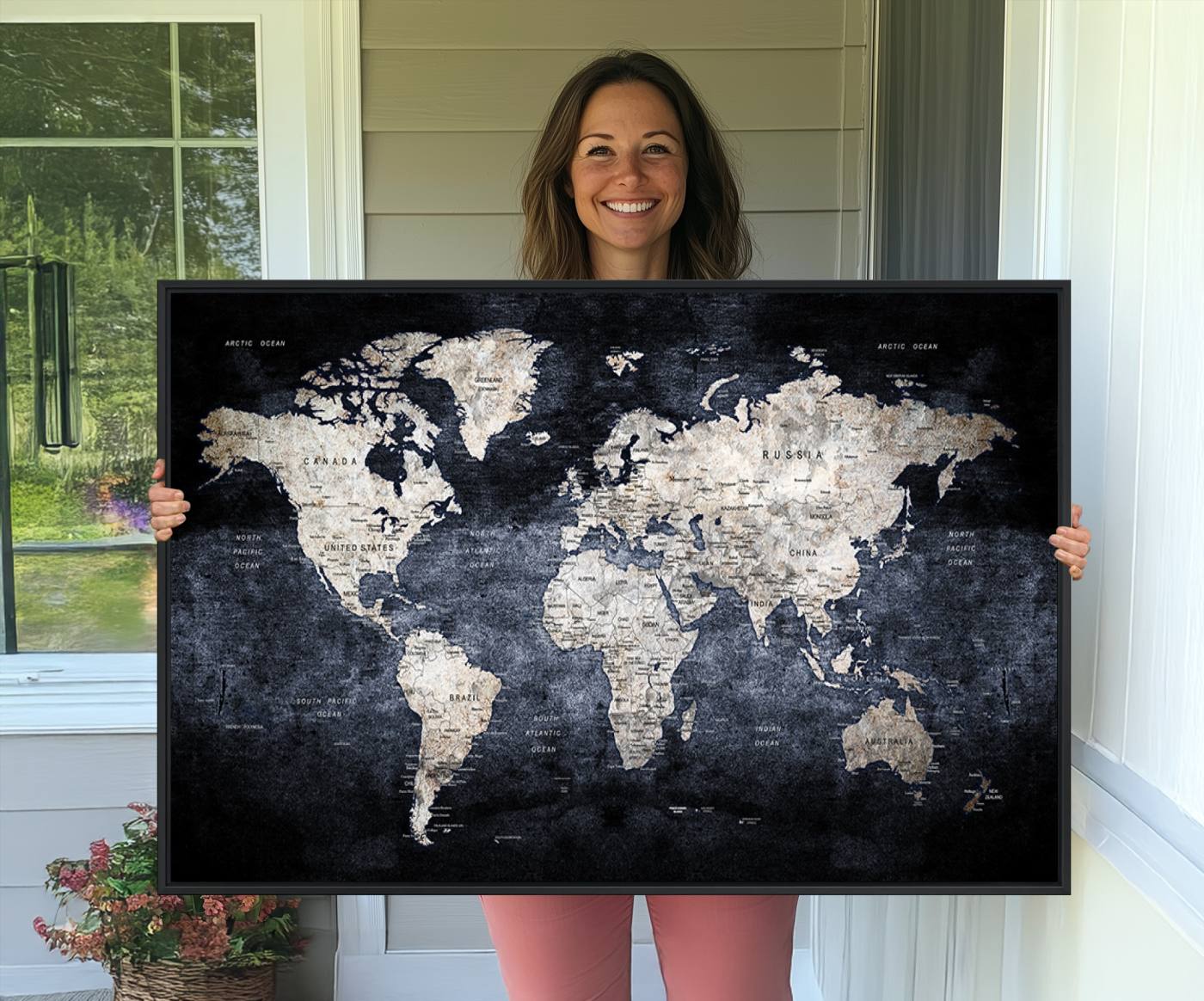 82598-MGV-CV-36X24-Rustic Black and Bronz World Map Canvas – Vintage-Inspired Triptych – Large Wall Art for Living Room