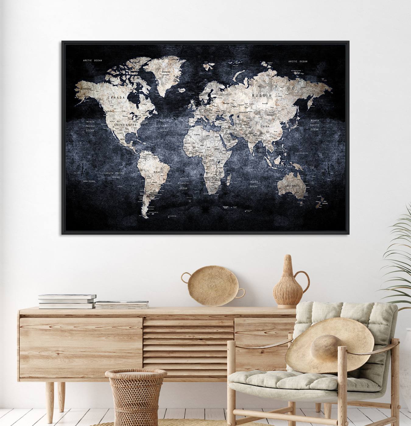 82598-MGV-CV-36X24-Rustic Black and Bronz World Map Canvas – Vintage-Inspired Triptych – Large Wall Art for Living Room