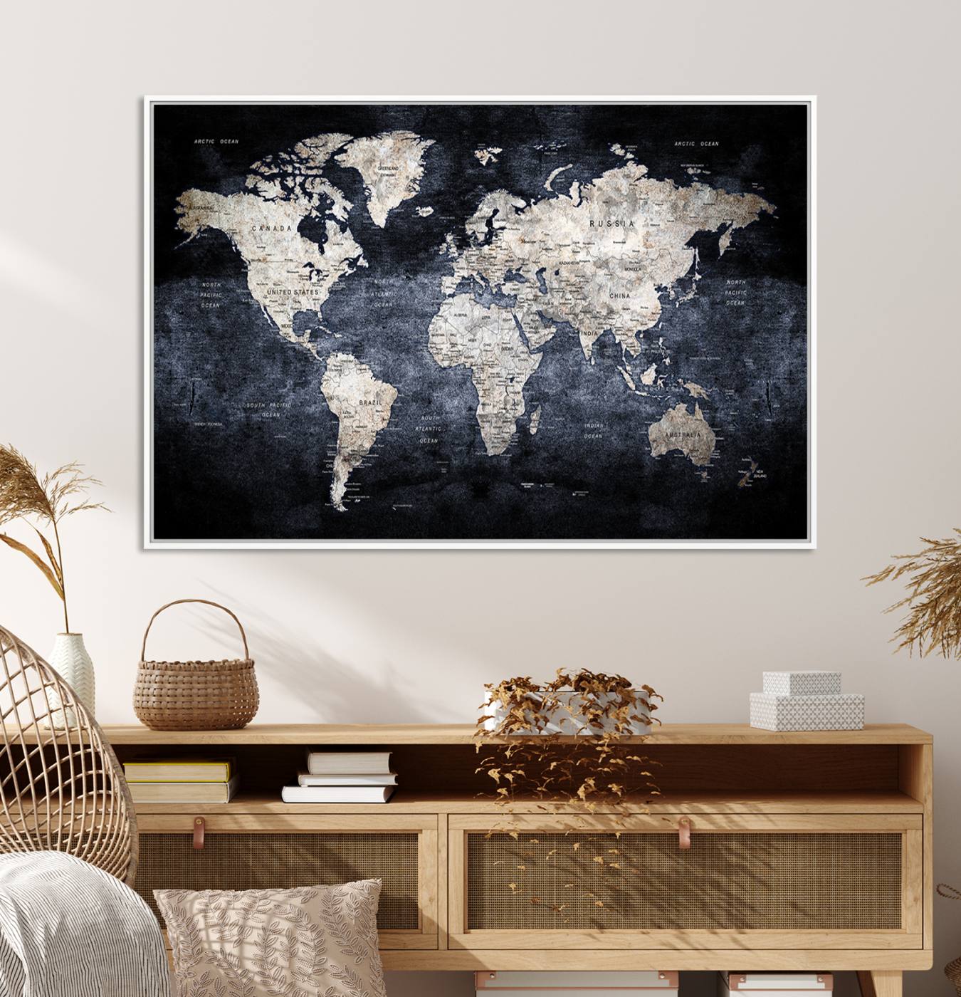 82598-MGV-CV-36X24-Rustic Black and Bronz World Map Canvas – Vintage-Inspired Triptych – Large Wall Art for Living Room