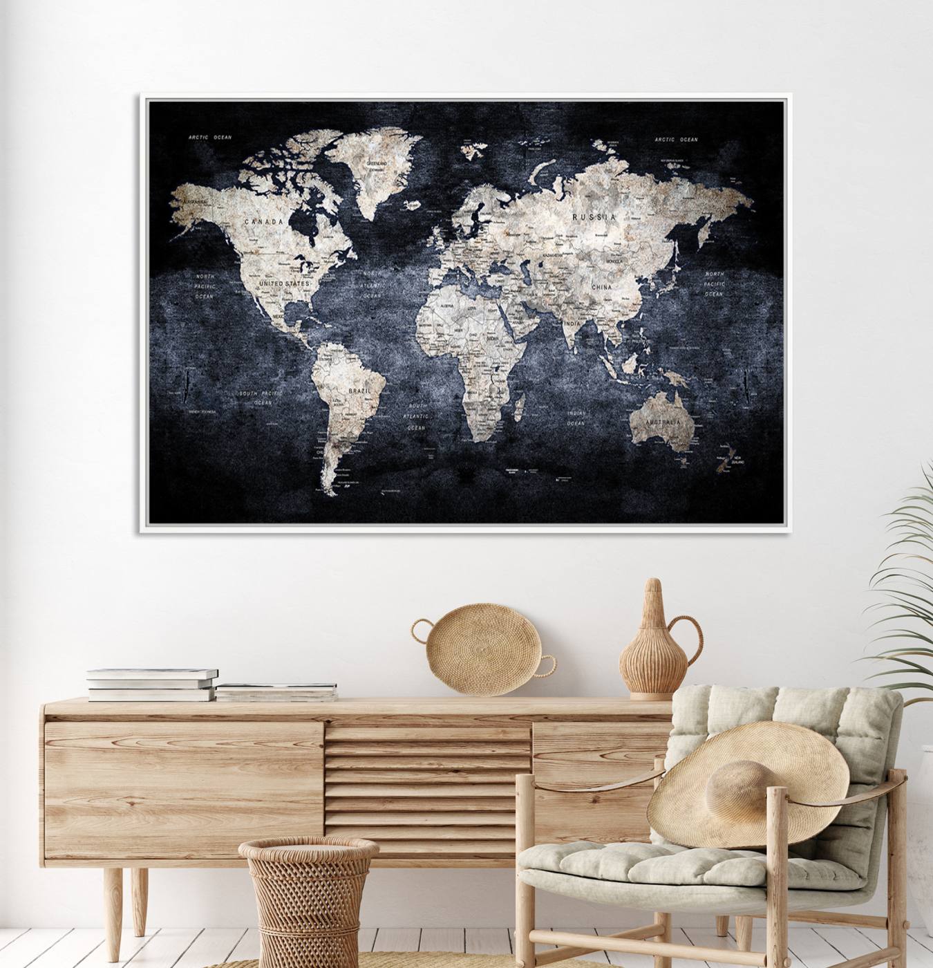 82598-MGV-CV-36X24-Rustic Black and Bronz World Map Canvas – Vintage-Inspired Triptych – Large Wall Art for Living Room