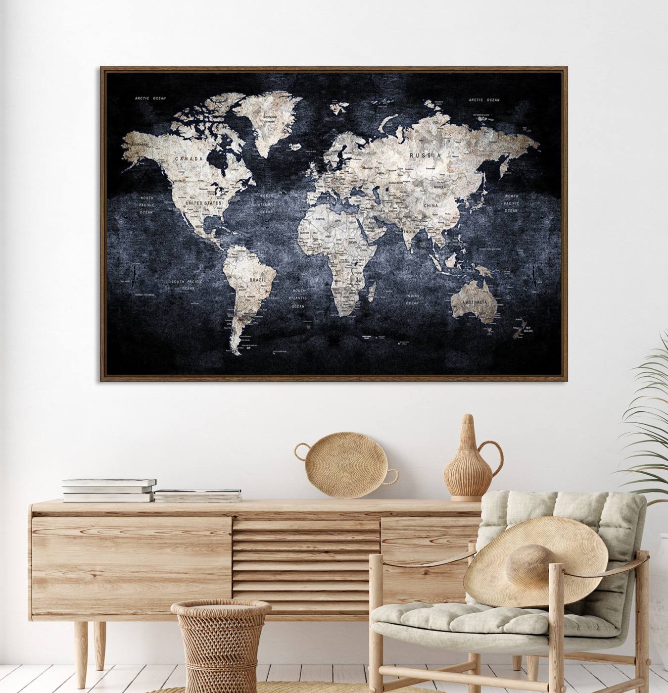 82598-MGV-CV-36X24-Rustic Black and Bronz World Map Canvas – Vintage-Inspired Triptych – Large Wall Art for Living Room