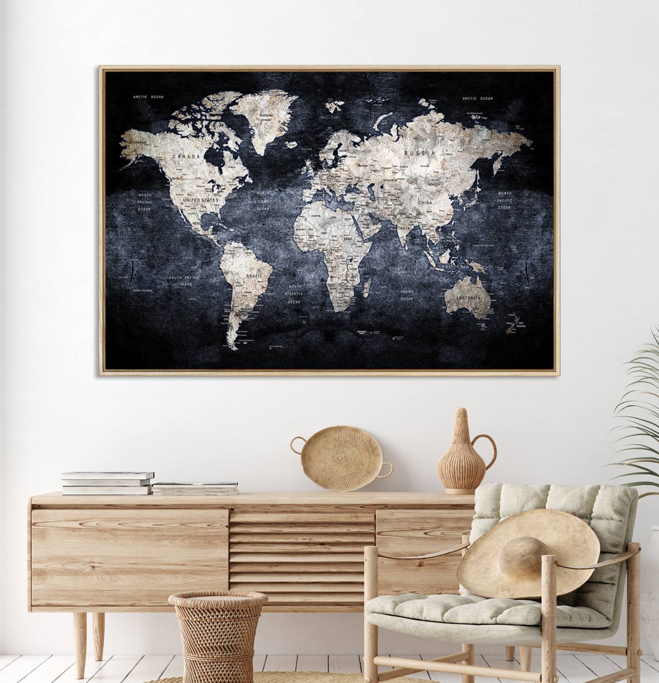 82598-MGV-CV-36X24-Rustic Black and Bronz World Map Canvas – Vintage-Inspired Triptych – Large Wall Art for Living Room