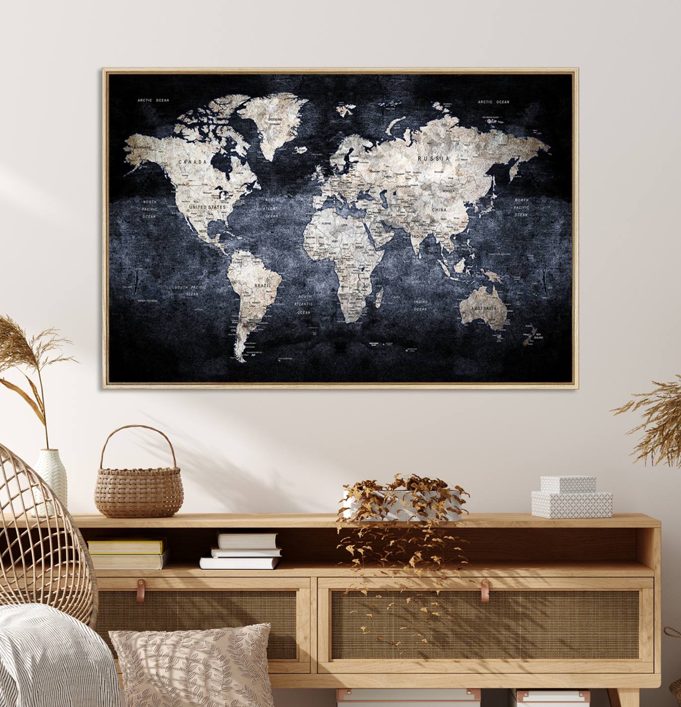 82598-MGV-CV-36X24-Rustic Black and Bronz World Map Canvas – Vintage-Inspired Triptych – Large Wall Art for Living Room