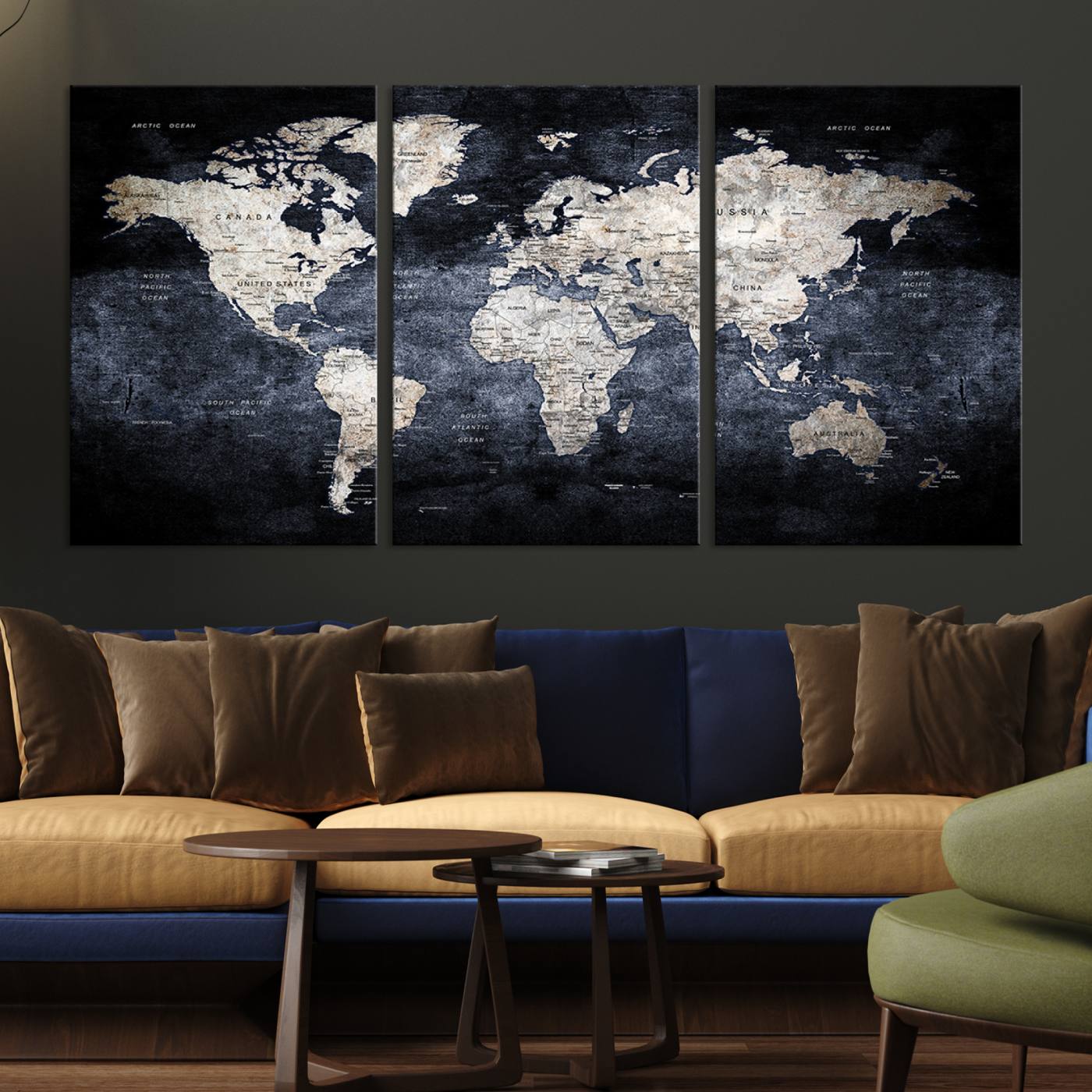 82598-MGV-CV-36X24-Rustic Black and Bronz World Map Canvas – Vintage-Inspired Triptych – Large Wall Art for Living Room