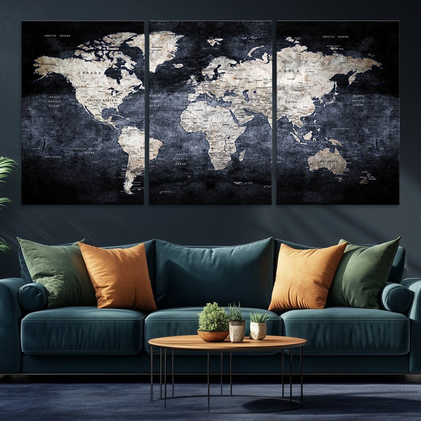 82598-MGV-CV-36X24-Rustic Black and Bronz World Map Canvas – Vintage-Inspired Triptych – Large Wall Art for Living Room