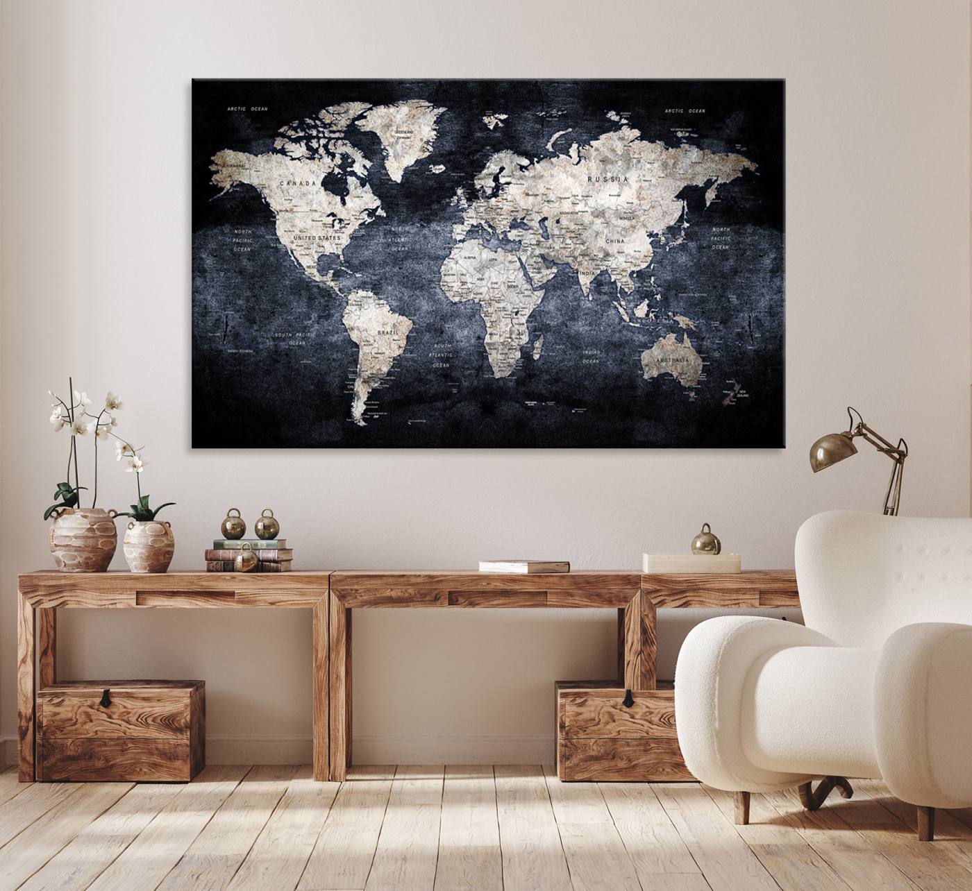 82598-MGV-CV-36X24-Rustic Black and Bronz World Map Canvas – Vintage-Inspired Triptych – Large Wall Art for Living Room