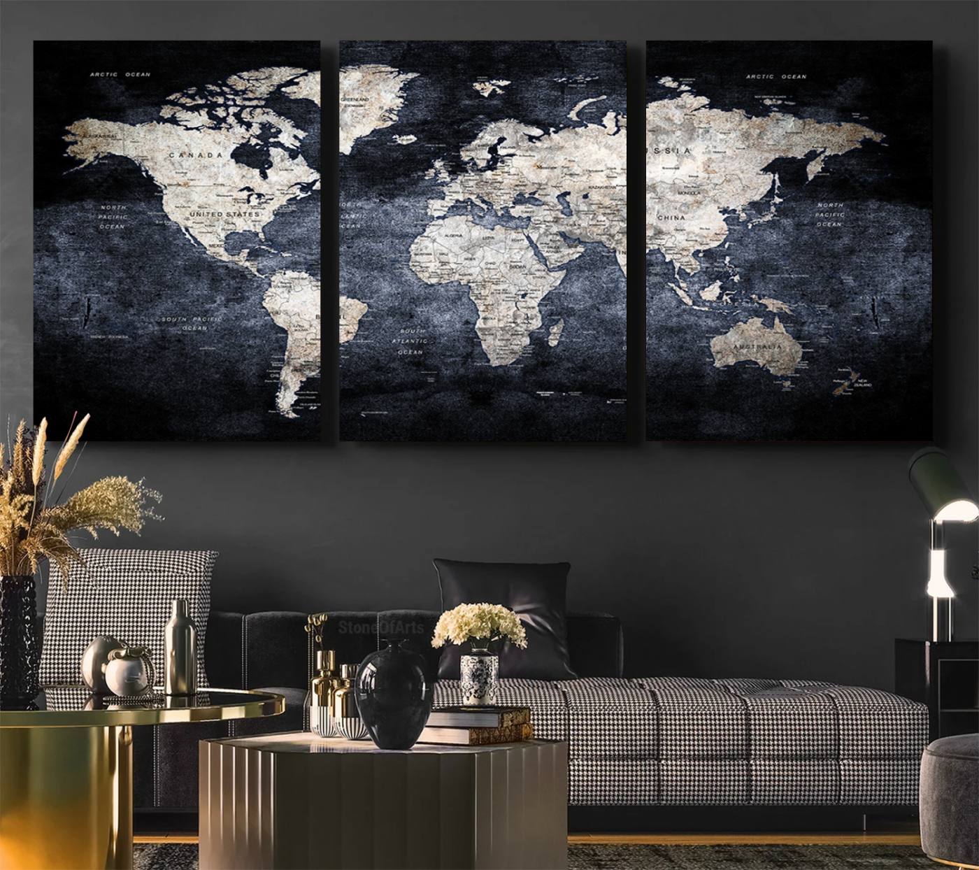 82598-MGV-CV-36X24-Rustic Black and Bronz World Map Canvas – Vintage-Inspired Triptych – Large Wall Art for Living Room