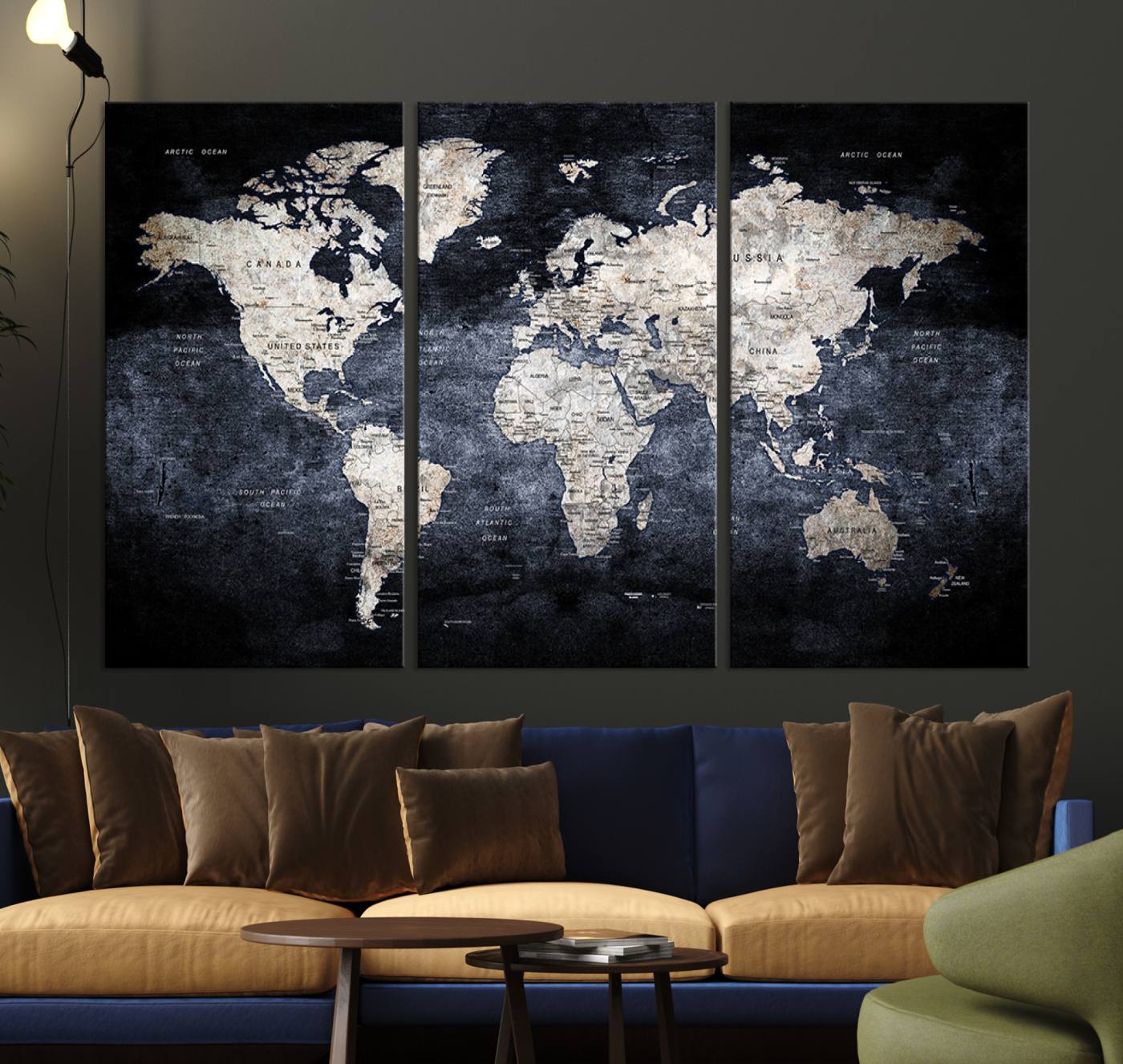82598-MGV-CV-36X24-Rustic Black and Bronz World Map Canvas – Vintage-Inspired Triptych – Large Wall Art for Living Room