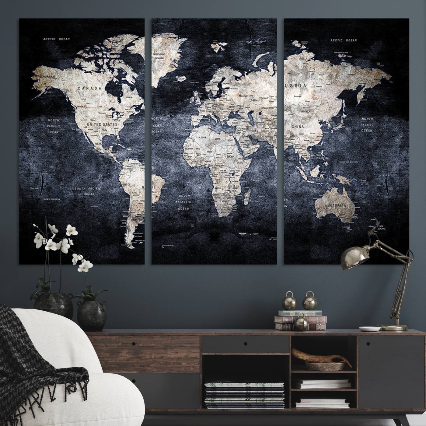 82598-MGV-CV-36X24-Rustic Black and Bronz World Map Canvas – Vintage-Inspired Triptych – Large Wall Art for Living Room