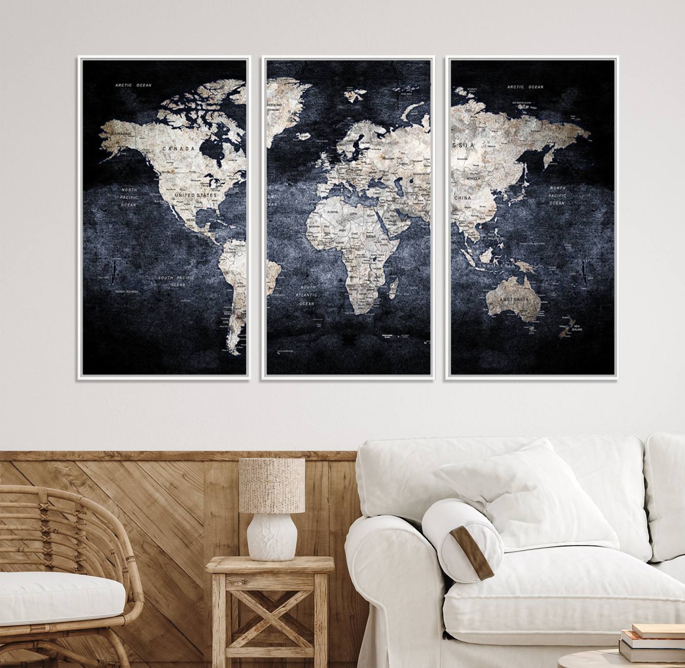 82598-MGV-CV-36X24-Rustic Black and Bronz World Map Canvas – Vintage-Inspired Triptych – Large Wall Art for Living Room