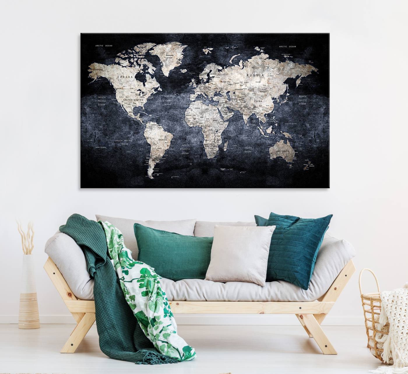 82598-MGV-CV-36X24-Rustic Black and Bronz World Map Canvas – Vintage-Inspired Triptych – Large Wall Art for Living Room
