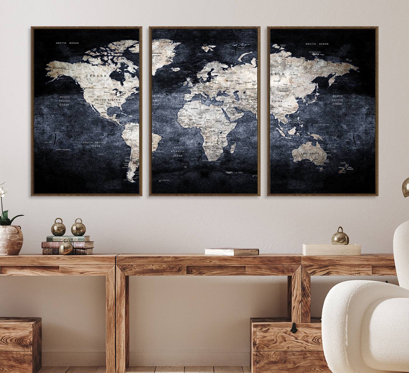 82598-MGV-CV-36X24-Rustic Black and Bronz World Map Canvas – Vintage-Inspired Triptych – Large Wall Art for Living Room