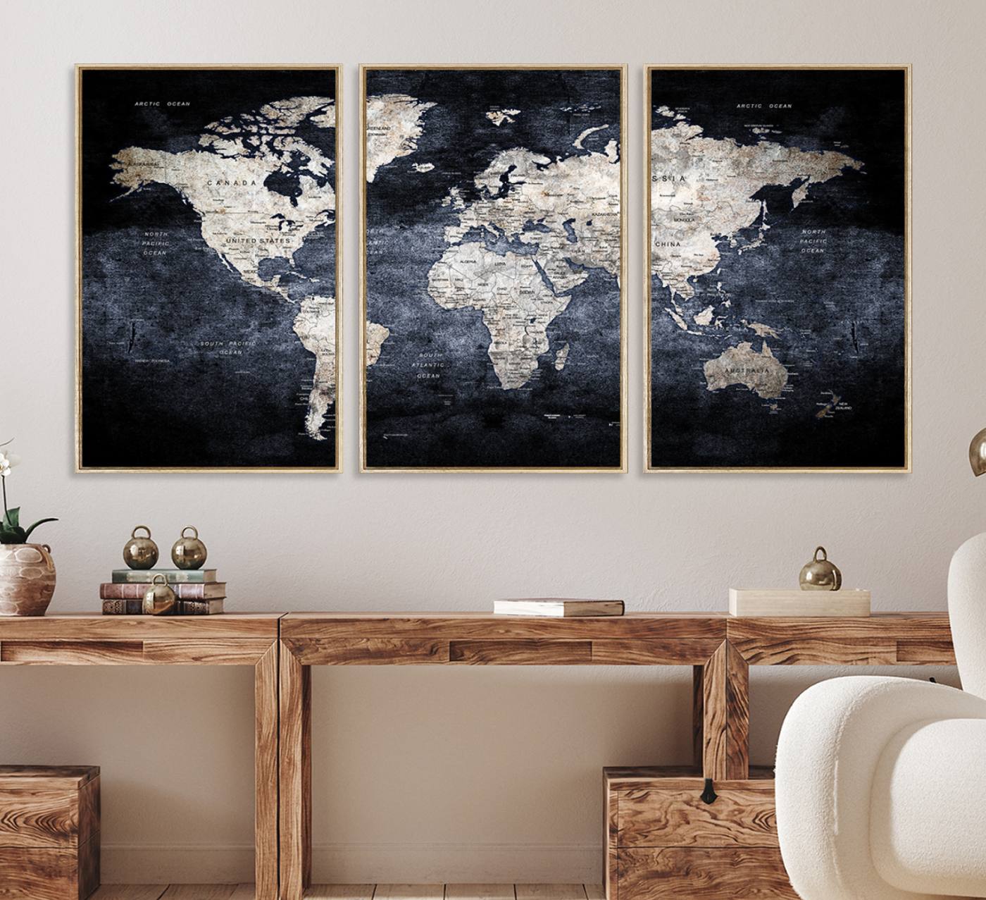 82598-MGV-CV-36X24-Rustic Black and Bronz World Map Canvas – Vintage-Inspired Triptych – Large Wall Art for Living Room