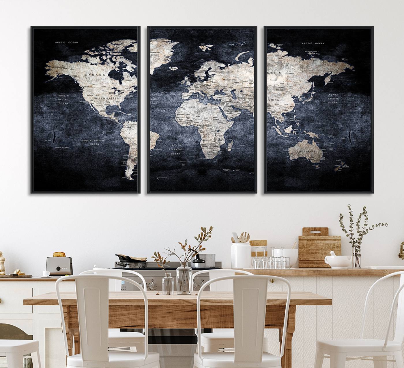 82598-MGV-CV-36X24-Rustic Black and Bronz World Map Canvas – Vintage-Inspired Triptych – Large Wall Art for Living Room