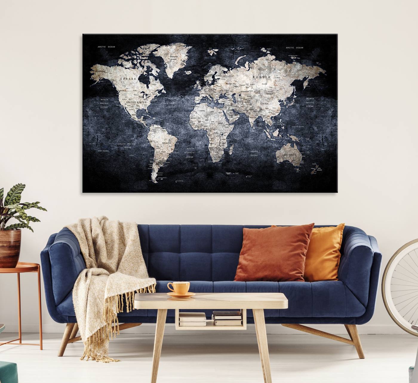 82598-MGV-CV-36X24-Rustic Black and Bronz World Map Canvas – Vintage-Inspired Triptych – Large Wall Art for Living Room
