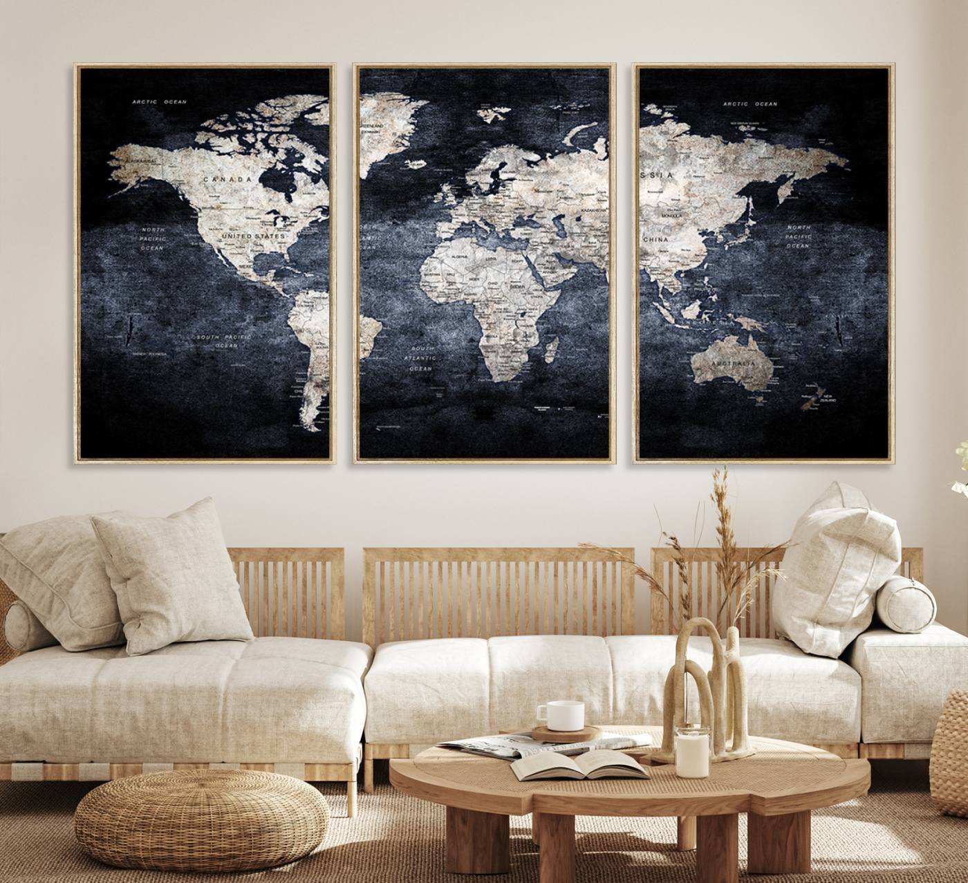 82598-MGV-CV-36X24-Rustic Black and Bronz World Map Canvas – Vintage-Inspired Triptych – Large Wall Art for Living Room