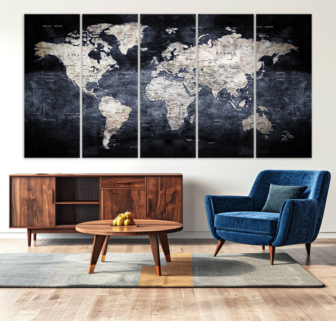 82598-MGV-CV-36X24-Rustic Black and Bronz World Map Canvas – Vintage-Inspired Triptych – Large Wall Art for Living Room