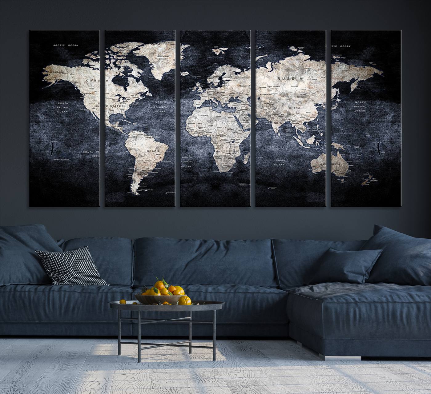 82598-MGV-CV-36X24-Rustic Black and Bronz World Map Canvas – Vintage-Inspired Triptych – Large Wall Art for Living Room