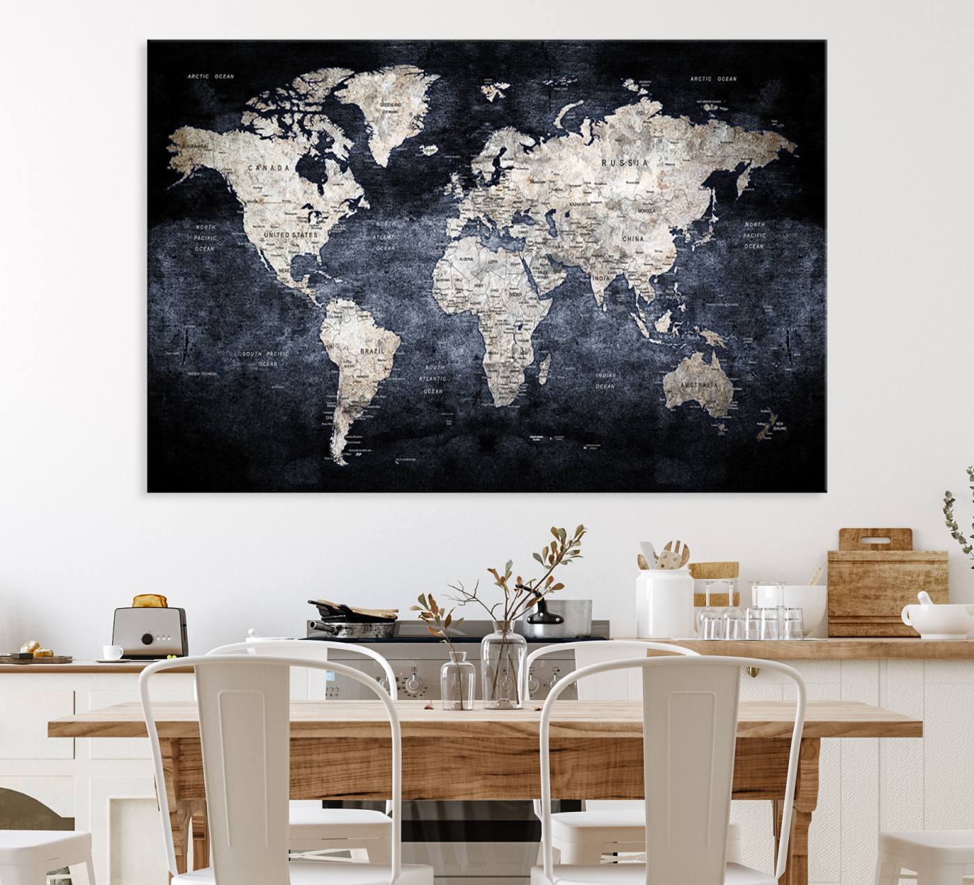82598-MGV-CV-36X24-Rustic Black and Bronz World Map Canvas – Vintage-Inspired Triptych – Large Wall Art for Living Room