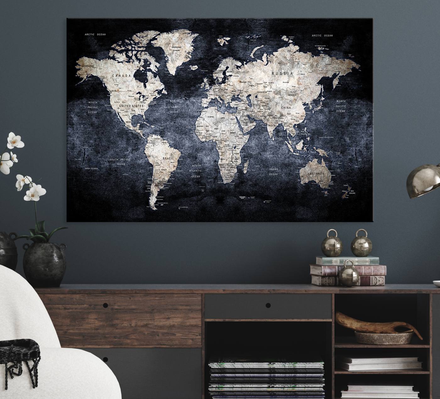 82598-MGV-CV-36X24-Rustic Black and Bronz World Map Canvas – Vintage-Inspired Triptych – Large Wall Art for Living Room