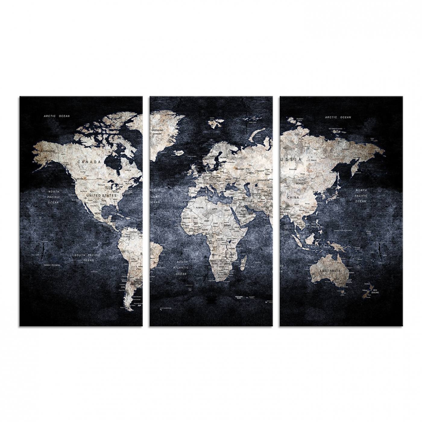 82598-MGV-CV-48X32-3P-Rustic Black and Bronz World Map Canvas – Vintage-Inspired Triptych – Large Wall Art for Living Room