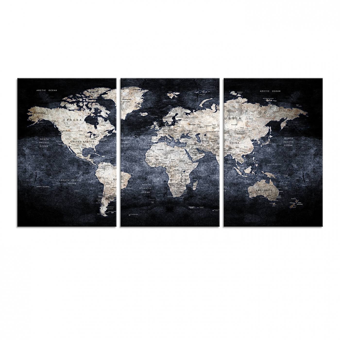 82598-MGV-CV-60X30-3P-Rustic Black and Bronz World Map Canvas – Vintage-Inspired Triptych – Large Wall Art for Living Room