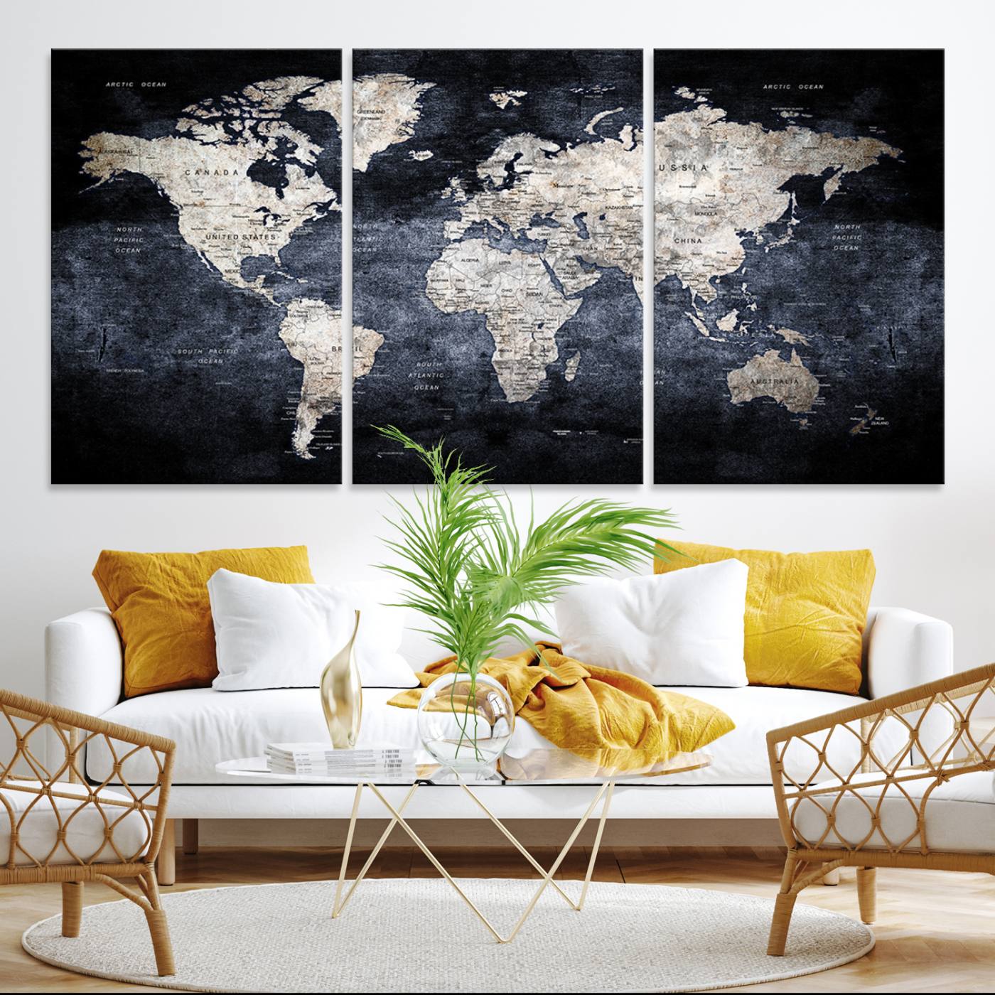 82598-MGV-CV-36X24-Rustic Black and Bronz World Map Canvas – Vintage-Inspired Triptych – Large Wall Art for Living Room