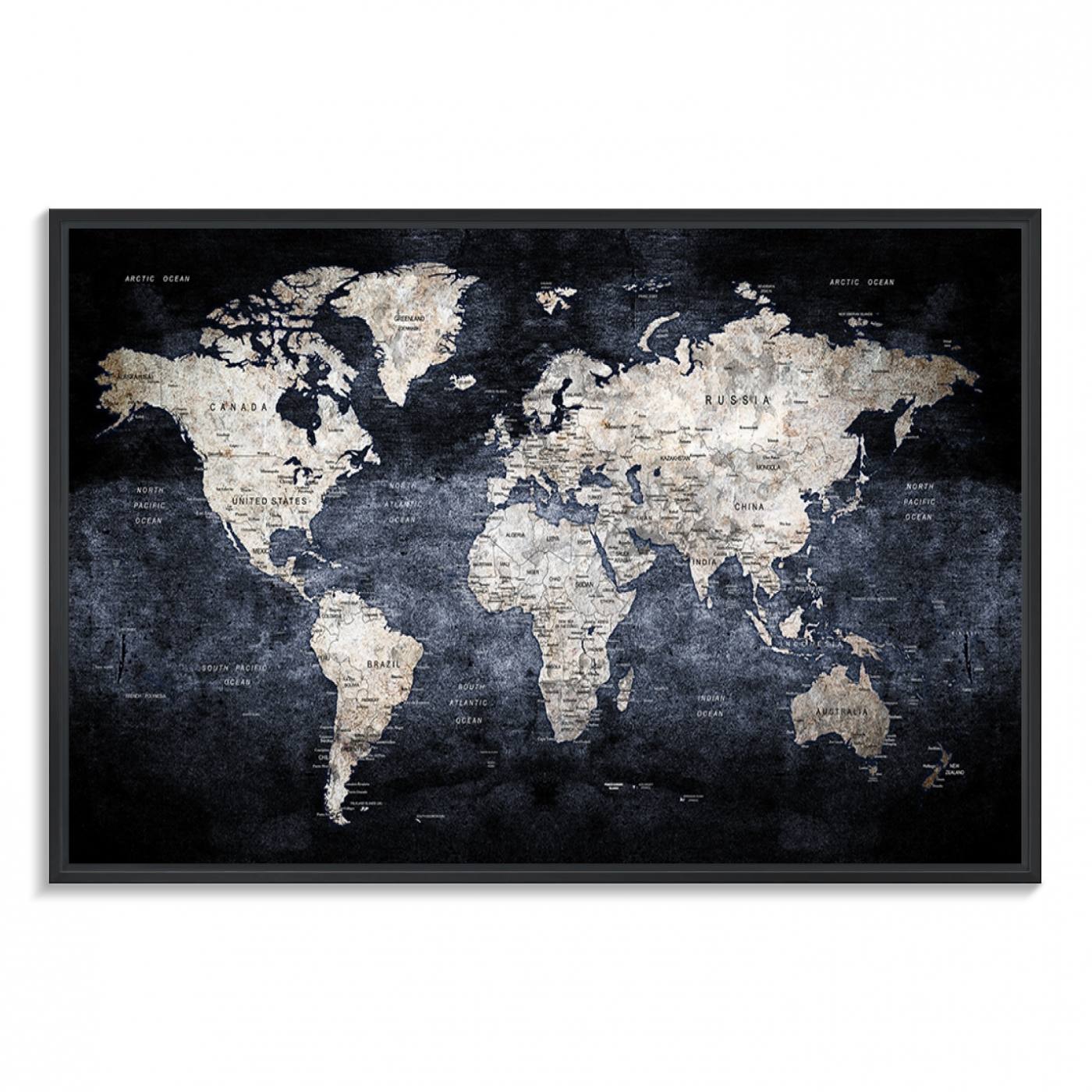 82598-MGV-FC-36X24_Black-Rustic Black and Bronz World Map Canvas – Vintage-Inspired Triptych – Large Wall Art for Living Room