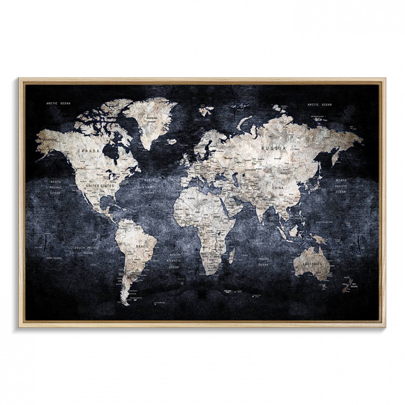 82598-MGV-FC-36X24_Natural-Rustic Black and Bronz World Map Canvas – Vintage-Inspired Triptych – Large Wall Art for Living Room