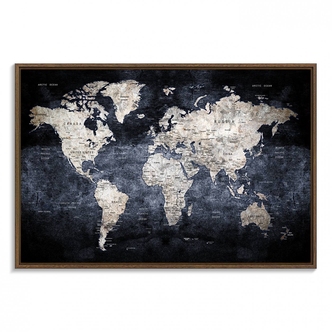 82598-MGV-FC-36X24_Walnut-Rustic Black and Bronz World Map Canvas – Vintage-Inspired Triptych – Large Wall Art for Living Room
