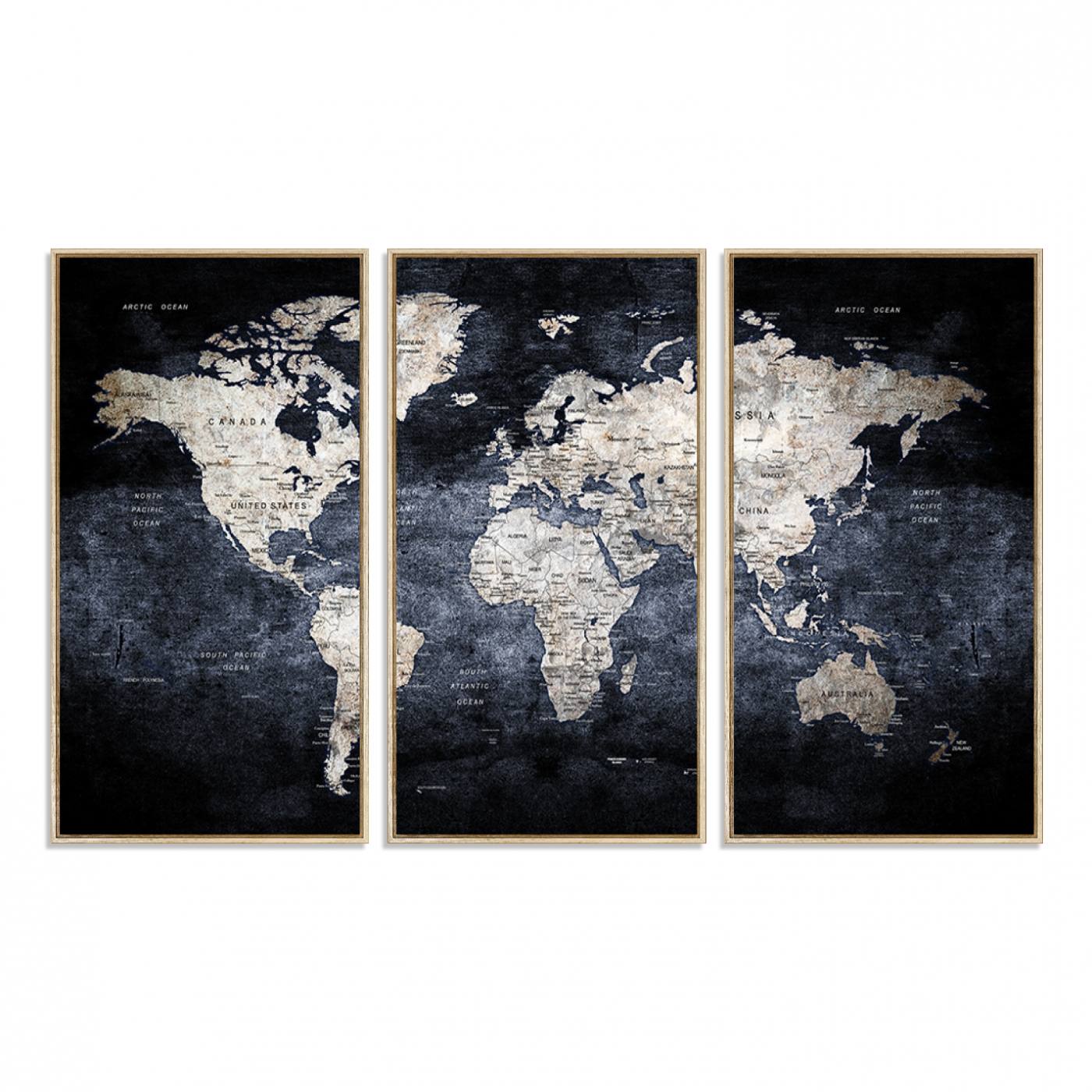 82598-MGV-FC-48X32-3P_Natural-Rustic Black and Bronz World Map Canvas – Vintage-Inspired Triptych – Large Wall Art for Living Room
