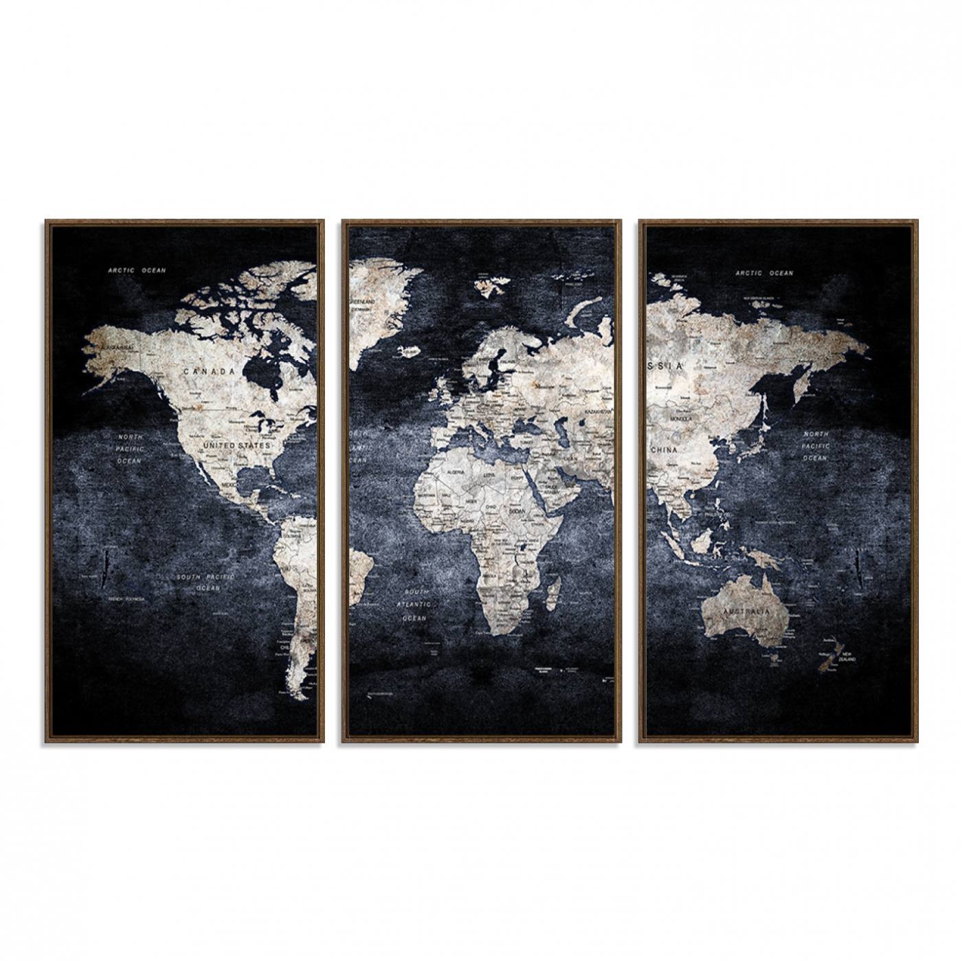 82598-MGV-FC-48X32-3P_Walnut-Rustic Black and Bronz World Map Canvas – Vintage-Inspired Triptych – Large Wall Art for Living Room