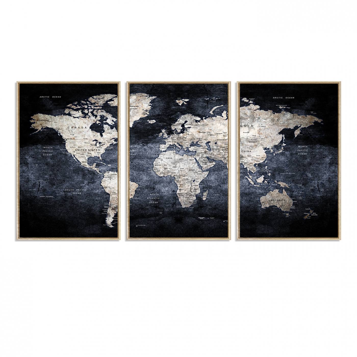 82598-MGV-FC-60X30-3P_Natural-Rustic Black and Bronz World Map Canvas – Vintage-Inspired Triptych – Large Wall Art for Living Room
