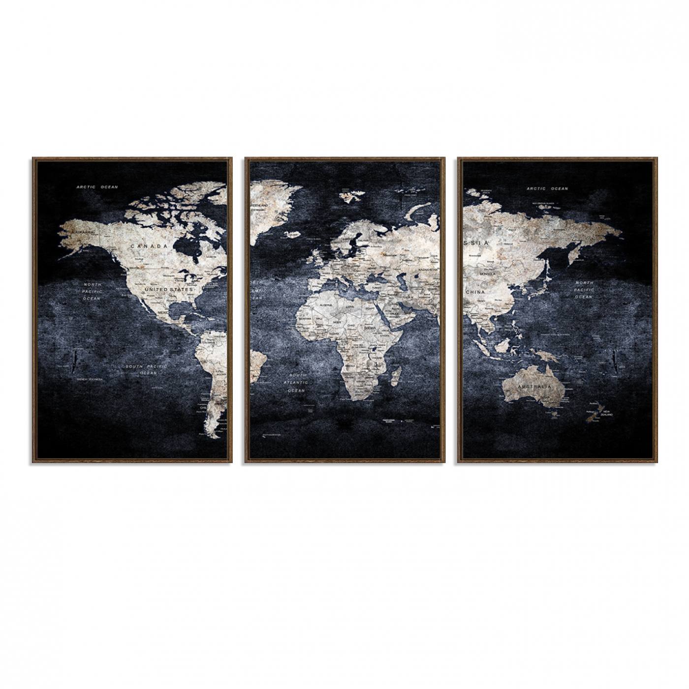 82598-MGV-FC-60X30-3P_Walnut-Rustic Black and Bronz World Map Canvas – Vintage-Inspired Triptych – Large Wall Art for Living Room