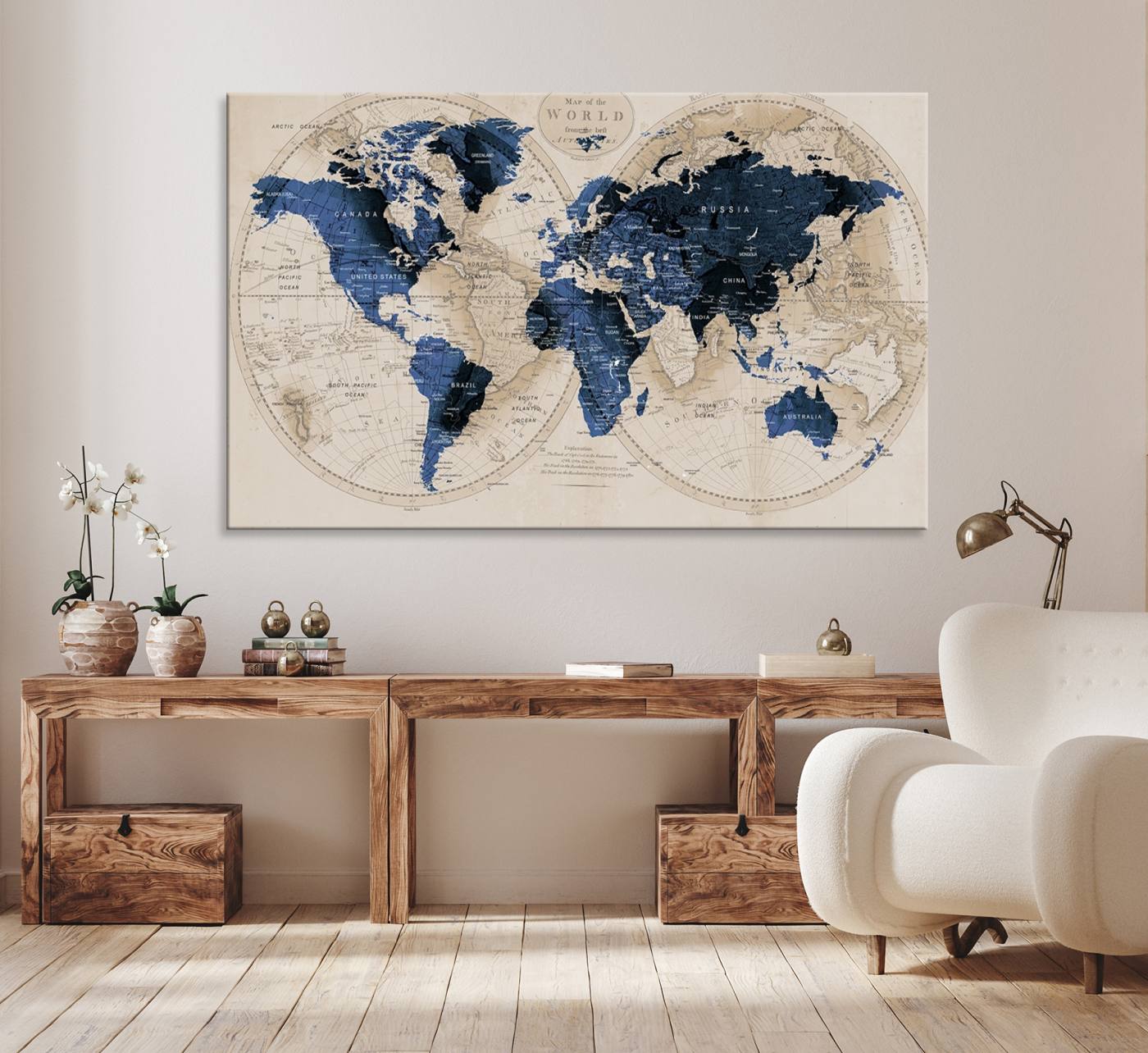 67444-MGV-CV-36X24-Vintage Triptych Map Print - Antique World Map Canvas Wall Art – Vintage Triptych Blue and Beige Map Print