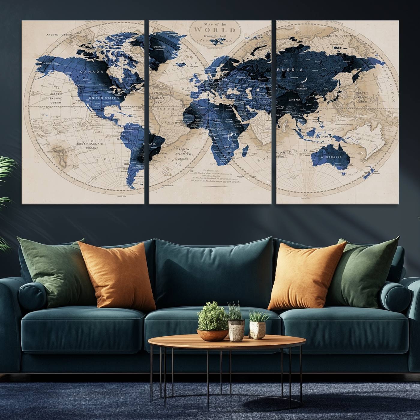 67444-MGV-CV-36X24-Vintage Triptych Map Print - Antique World Map Canvas Wall Art – Vintage Triptych Blue and Beige Map Print