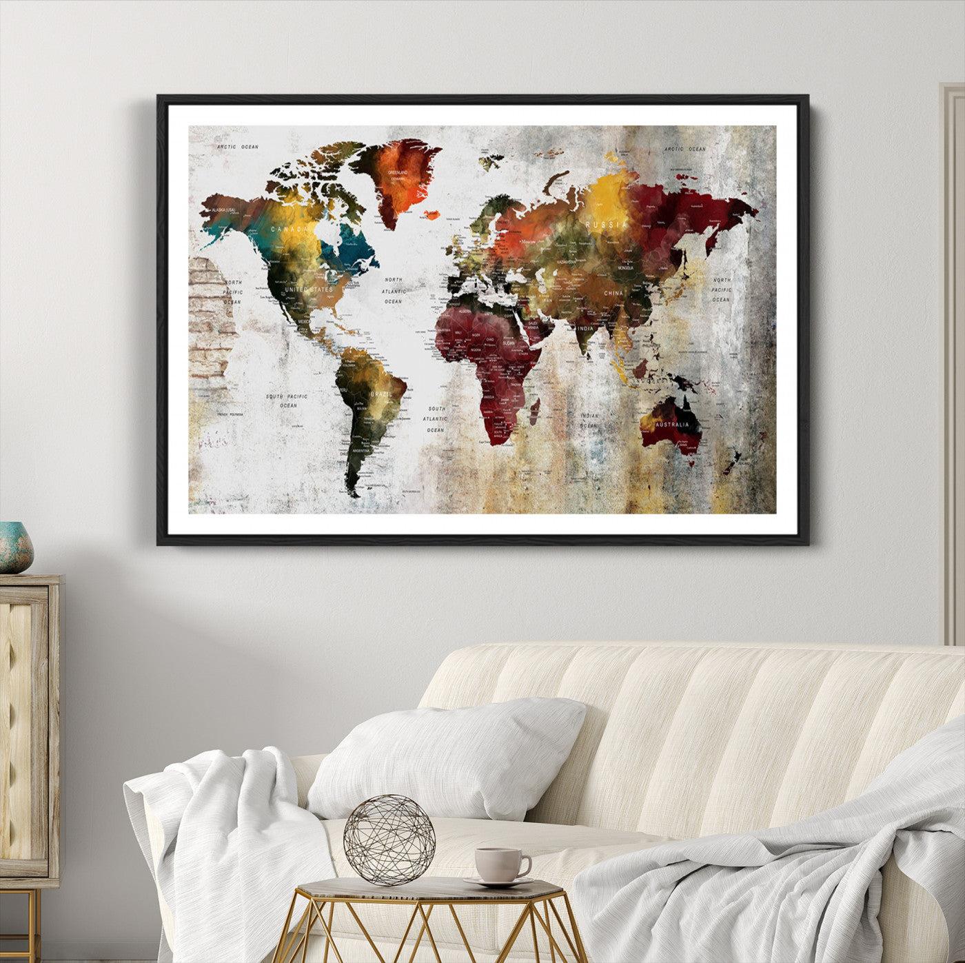 37237-MGC-FP-36x24_Black-Wall Art Dark World Map on Light Background Canvas Print