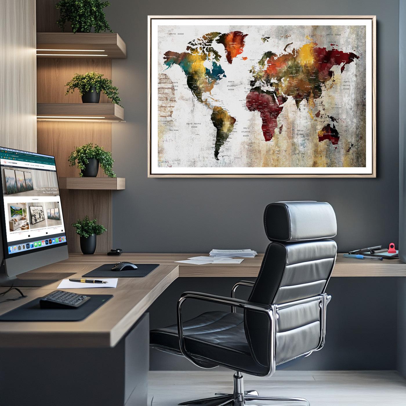 37237-MGC-FP-36x24_Natural-Wall Art Dark World Map on Light Background Canvas Print