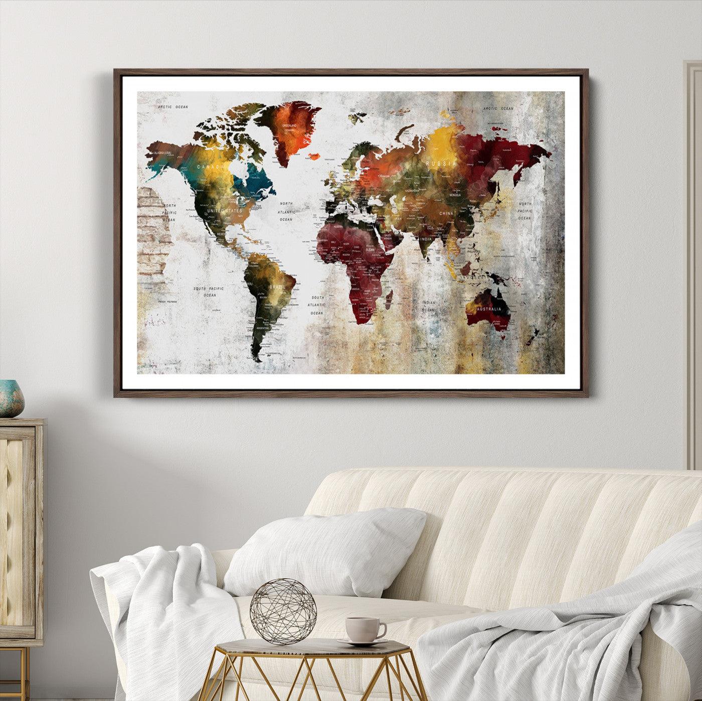 37237-MGC-FP-36x24_Walnut-Wall Art Dark World Map on Light Background Canvas Print