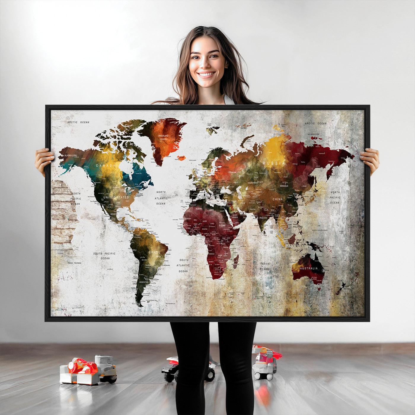 37237-MGV-CV-36X24-Wall Art Dark World Map on Light Background Canvas Print