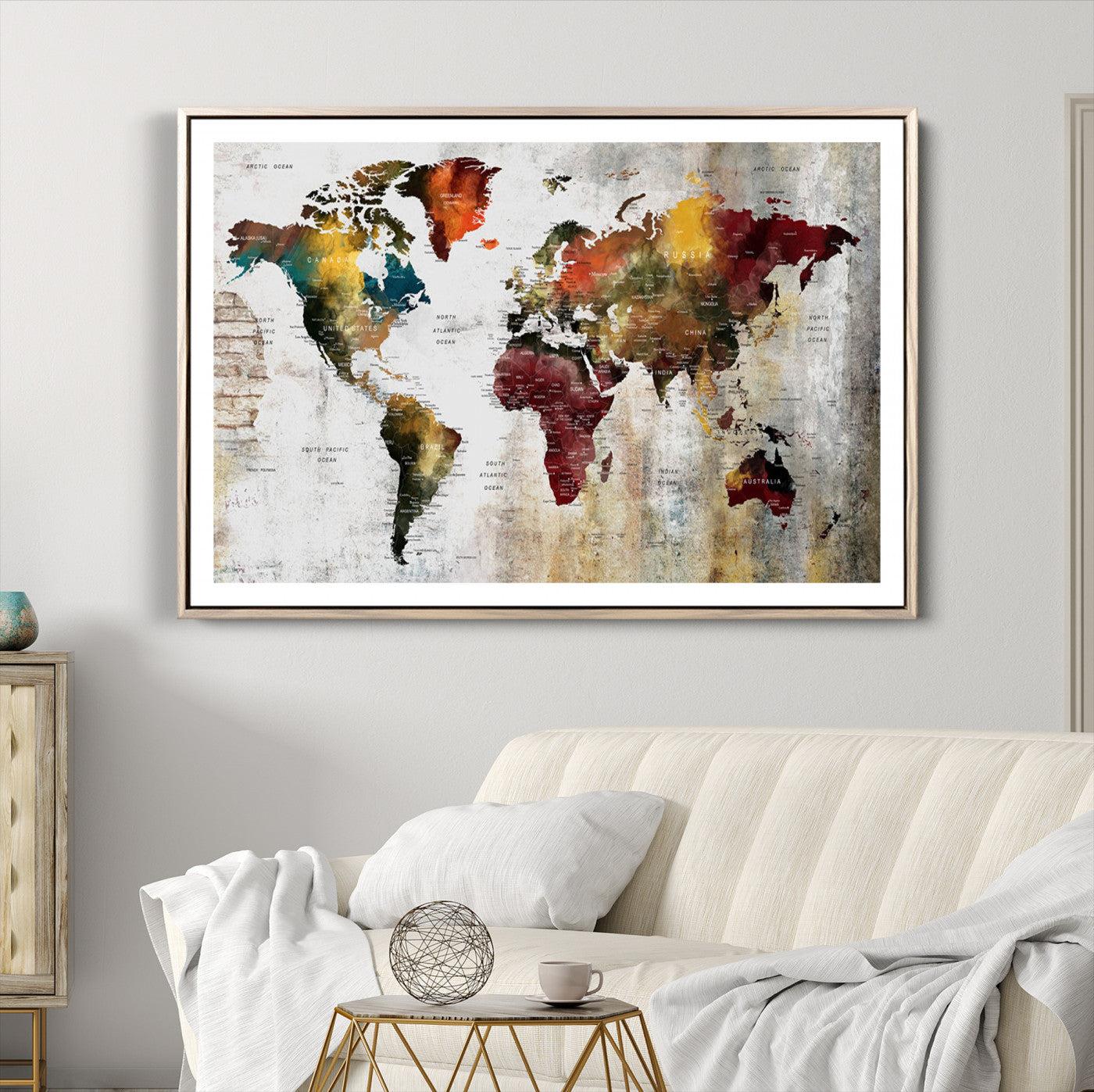 37237-MGV-CV-36X24-Wall Art Dark World Map on Light Background Canvas Print
