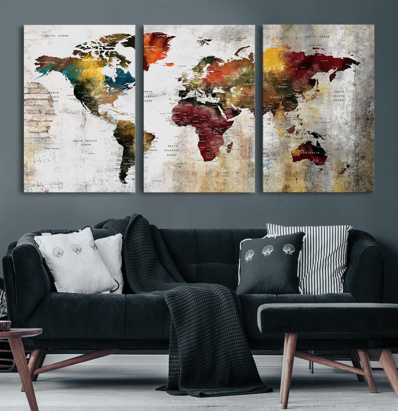 37237-MGV-CV-36X24-Wall Art Dark World Map on Light Background Canvas Print